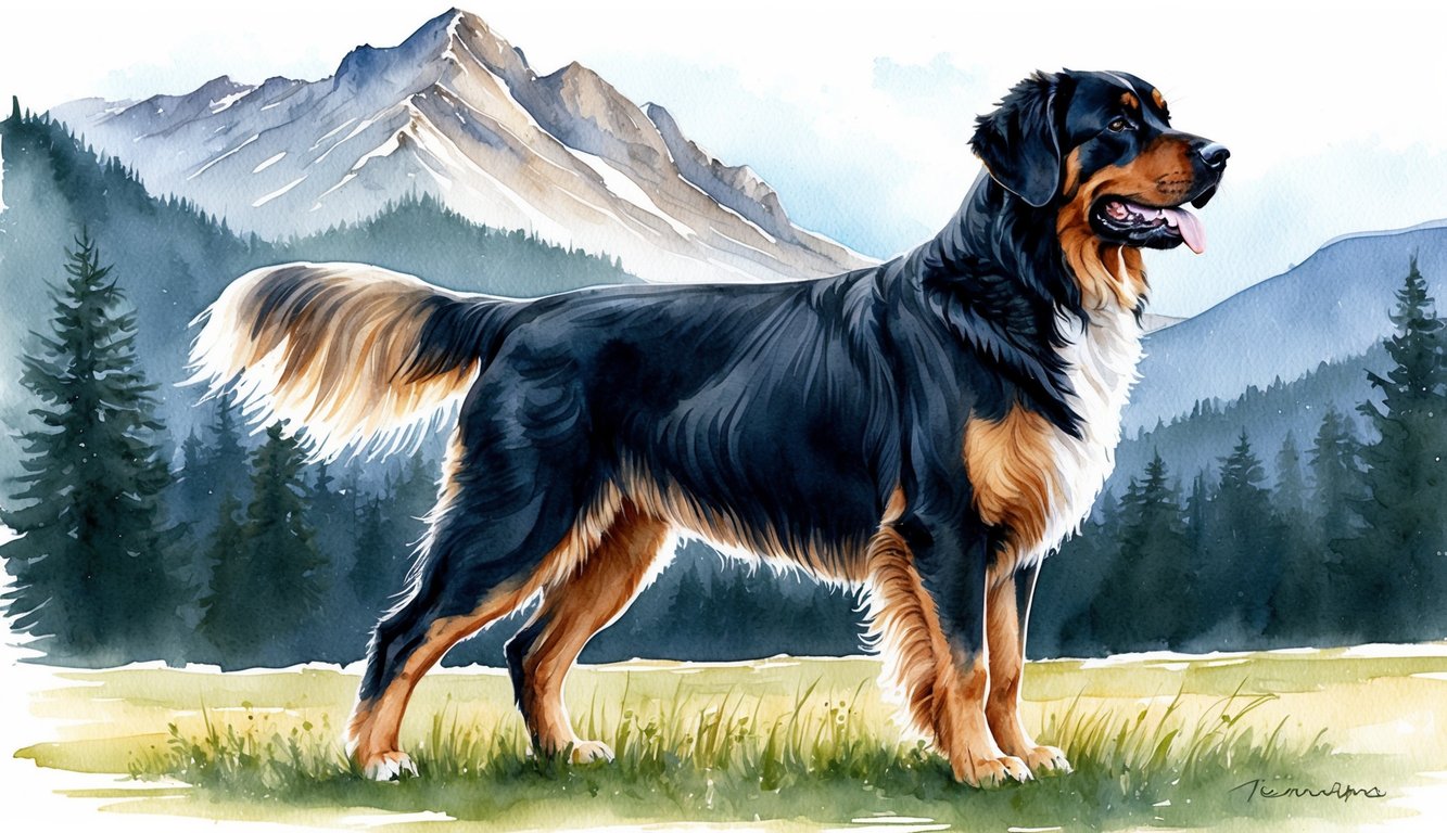 A majestic Leonberger stands proudly with a mountainous backdrop, while a gentle breeze ruffles its fur