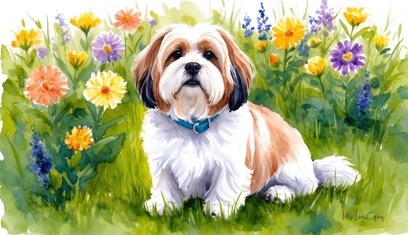 A Lhasa Apso sitting in a grassy field, surrounded by colorful flowers, with a peaceful and content expression on its face