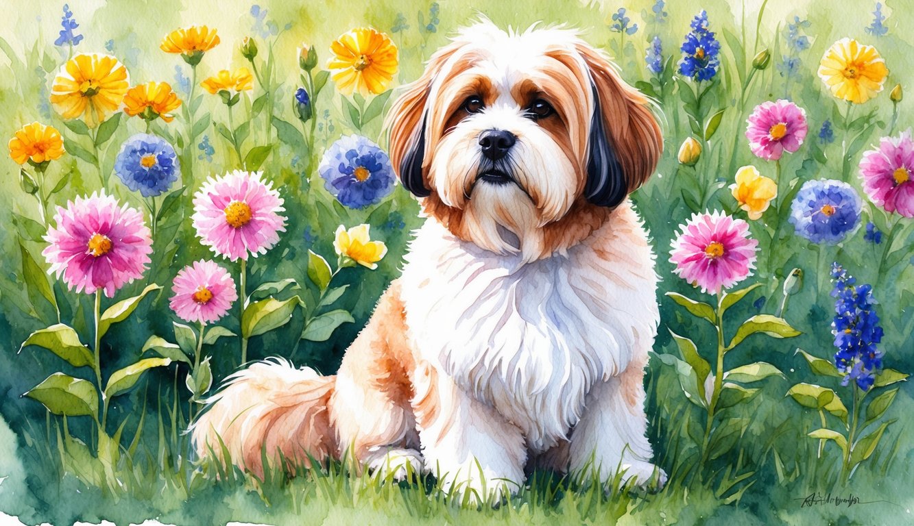A fluffy Lhasa Apso sits proudly in a field of vibrant flowers, with a regal expression on its face