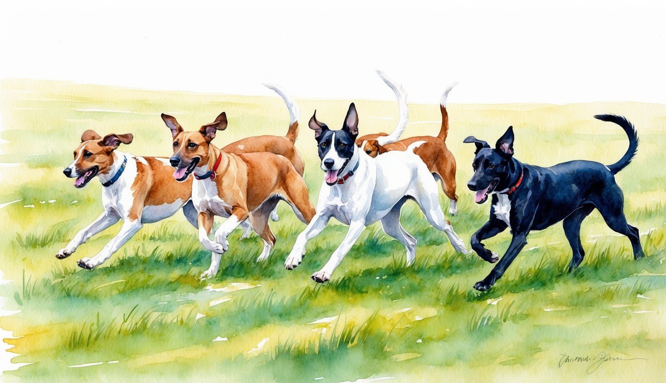 A group of lurchers running through a field, their ears and tails flying as they move gracefully across the open space