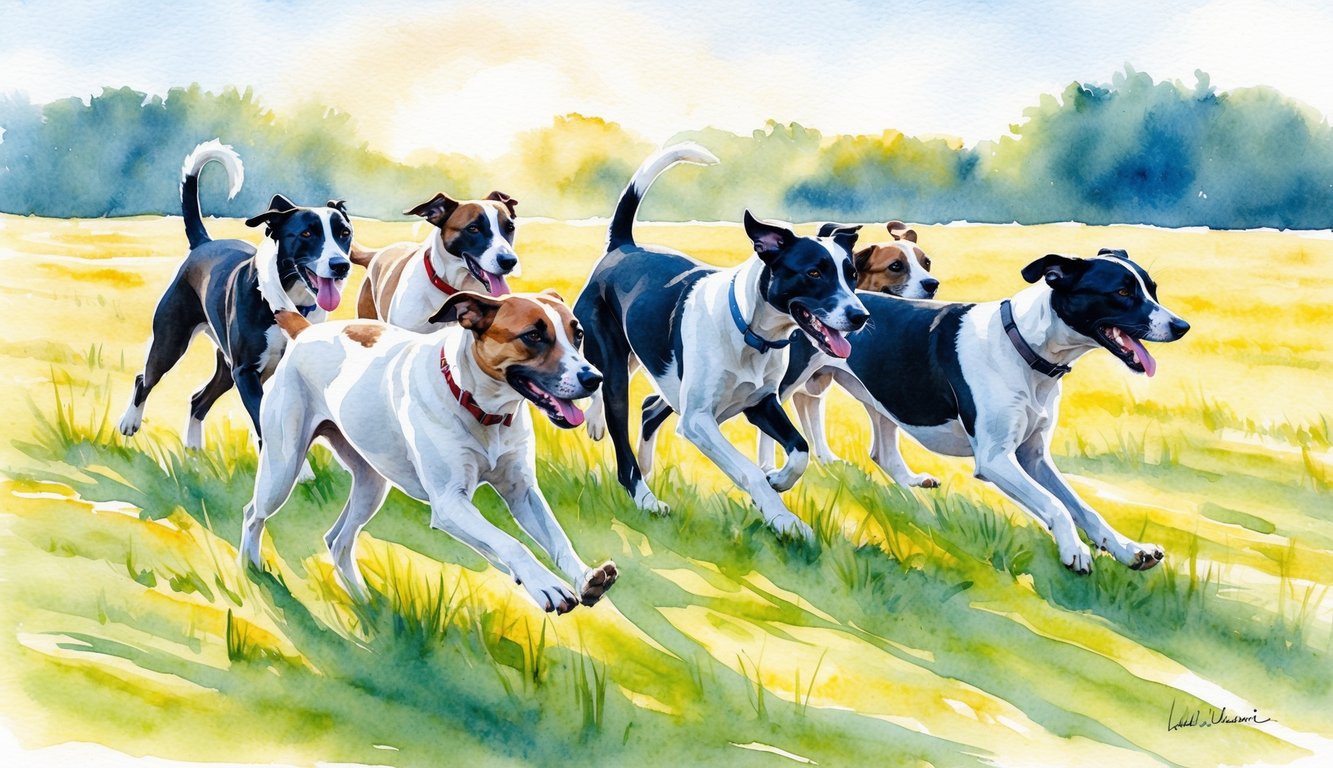 A group of lurchers playing in a sunlit field, their tails wagging as they chase after each other