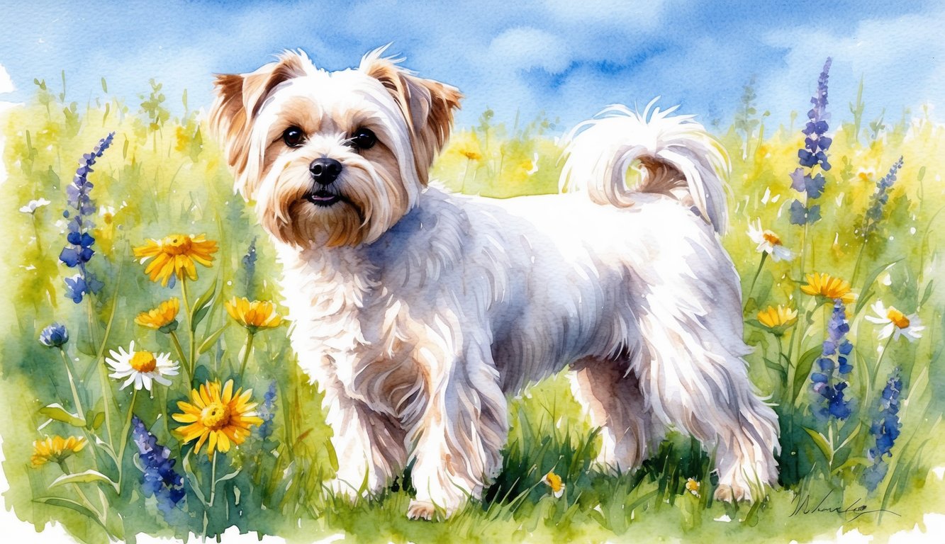 A Maltese dog standing in a field of wildflowers, with a clear blue sky in the background