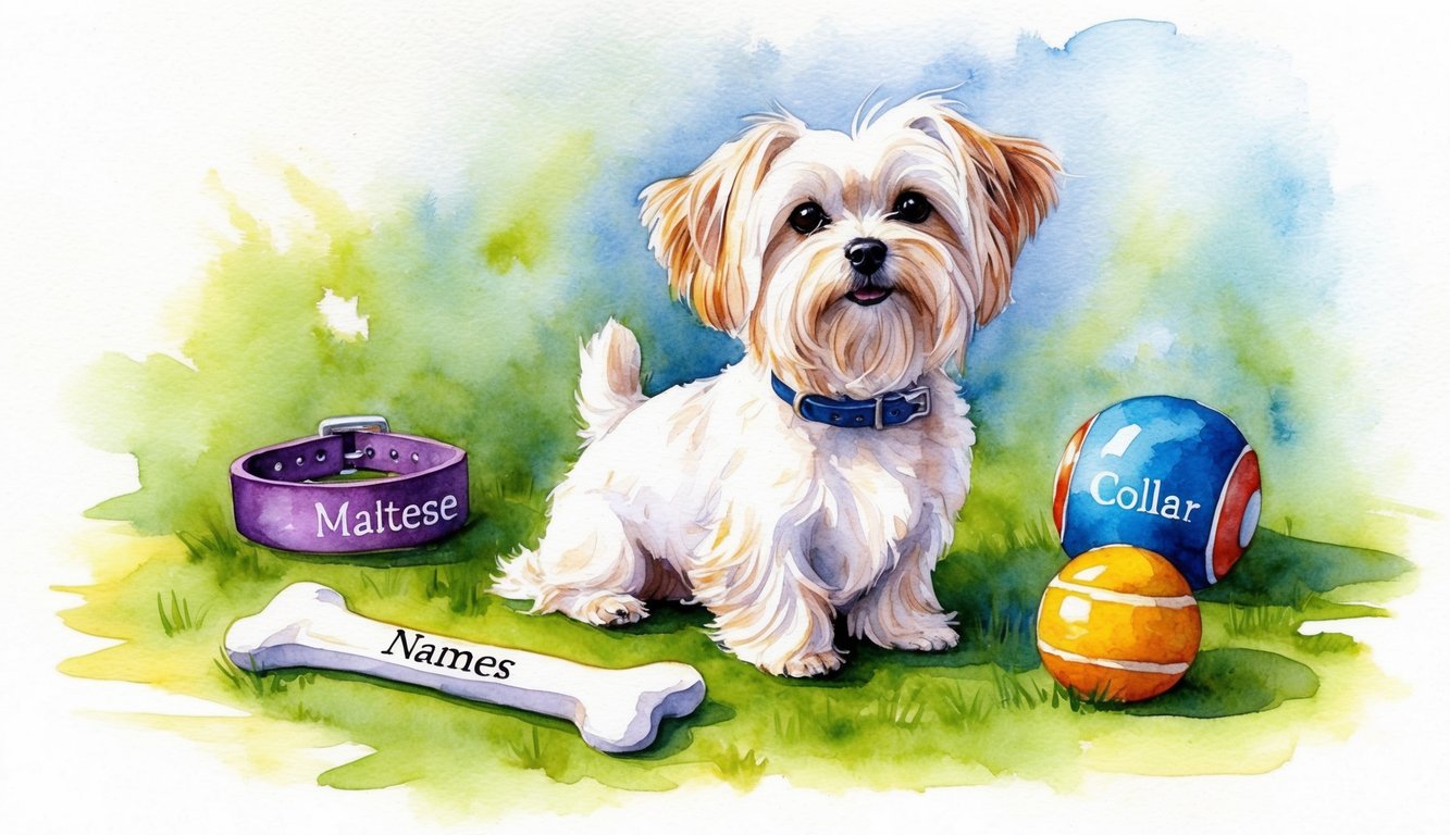 A fluffy Maltese dog surrounded by a variety of objects representing different names, such as a bone, a collar, and a toy