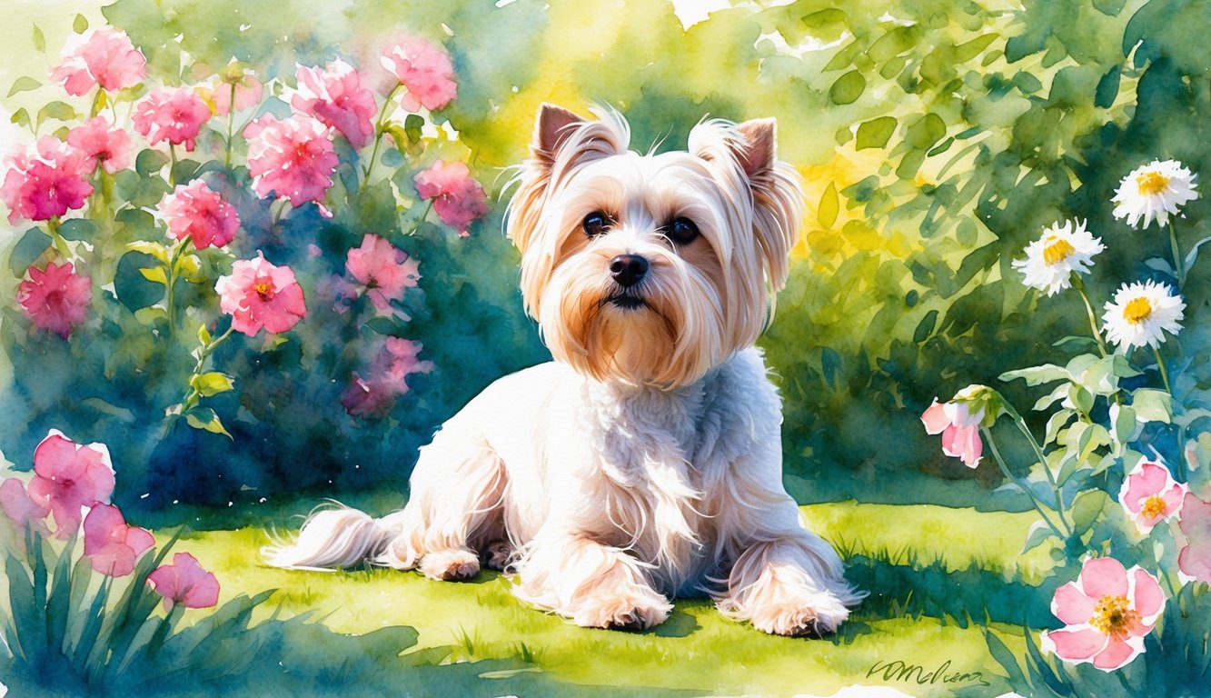 A Maltese dog sits in a lush garden, surrounded by blooming flowers and basking in the warm sunlight