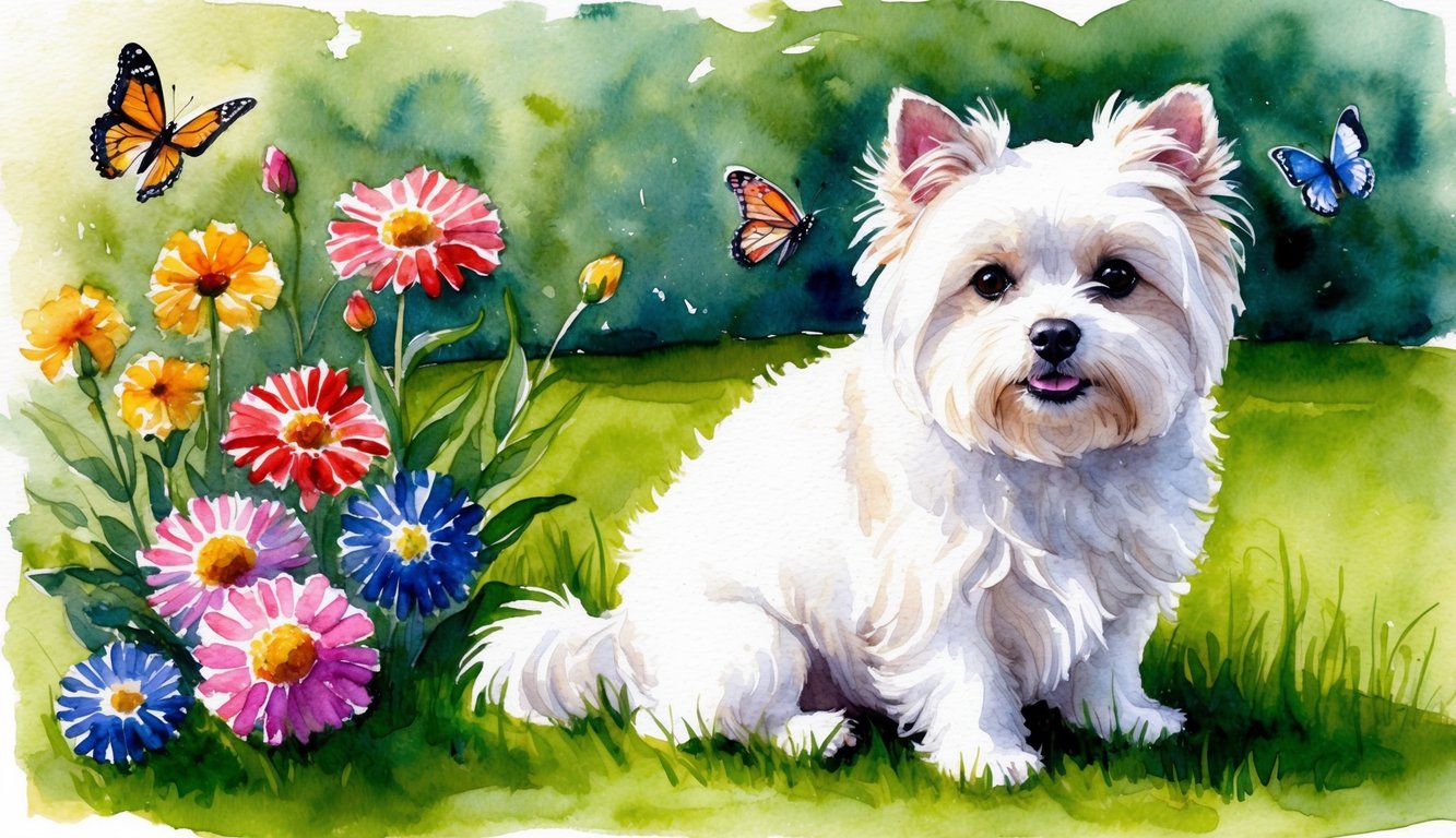 A small, fluffy white dog sitting on a lush green lawn, surrounded by colorful flowers and butterflies