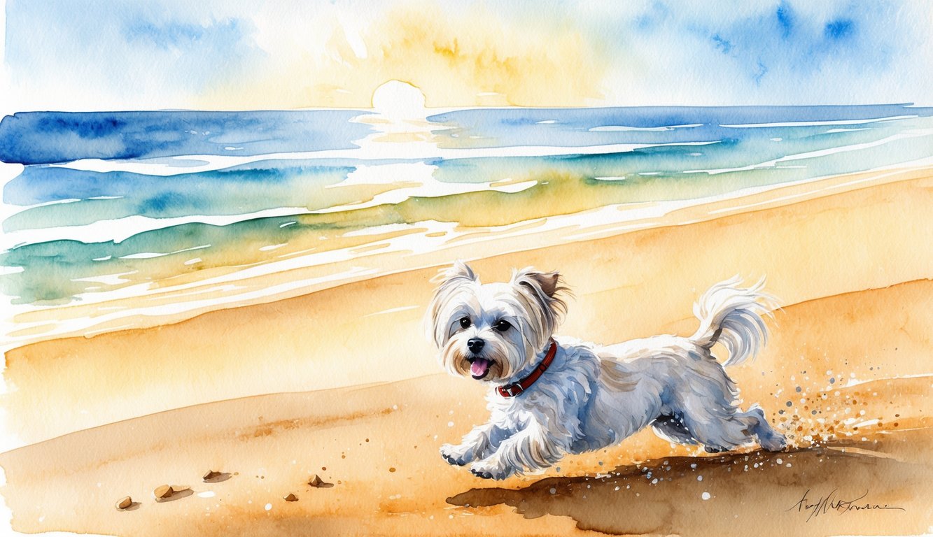 A sunny beach with a gentle breeze, where a playful Maltese dog frolics in the sand
