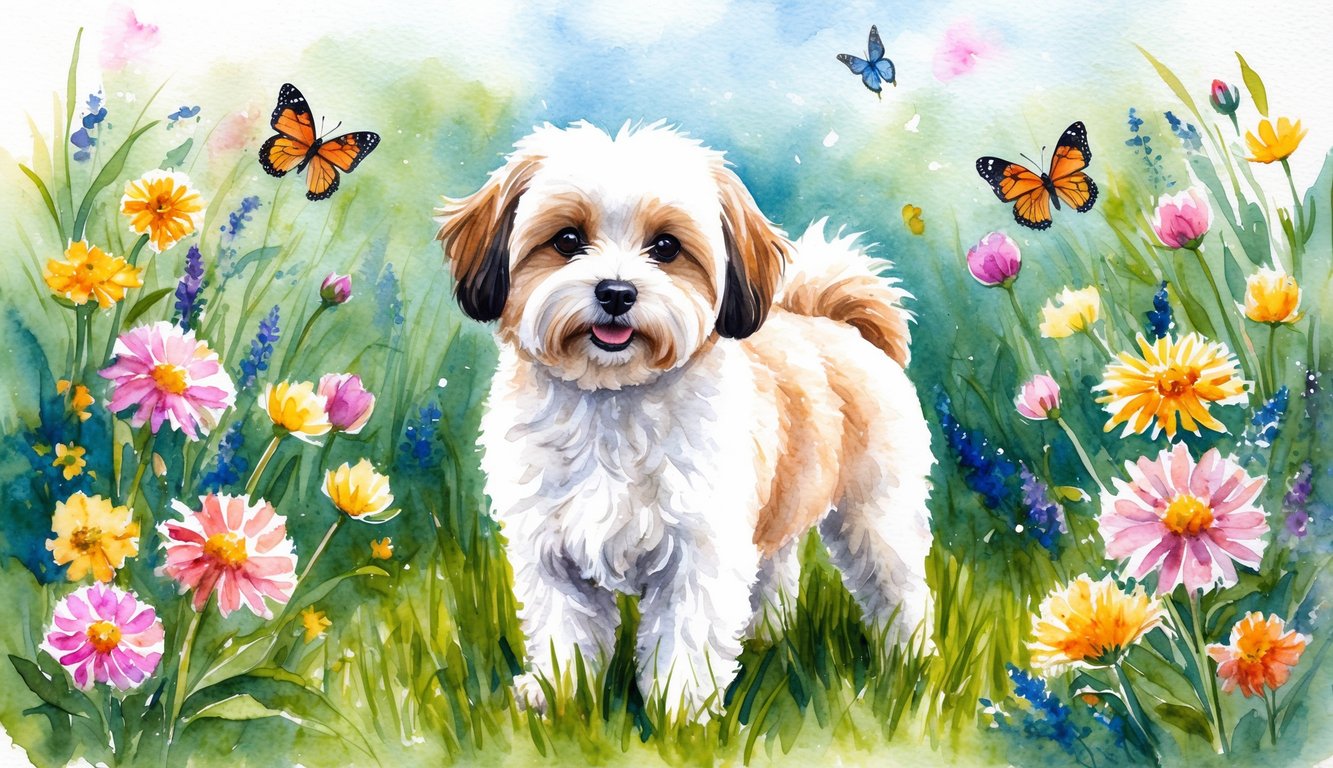 A fluffy Maltipoo stands in a grassy field, surrounded by colorful flowers and butterflies