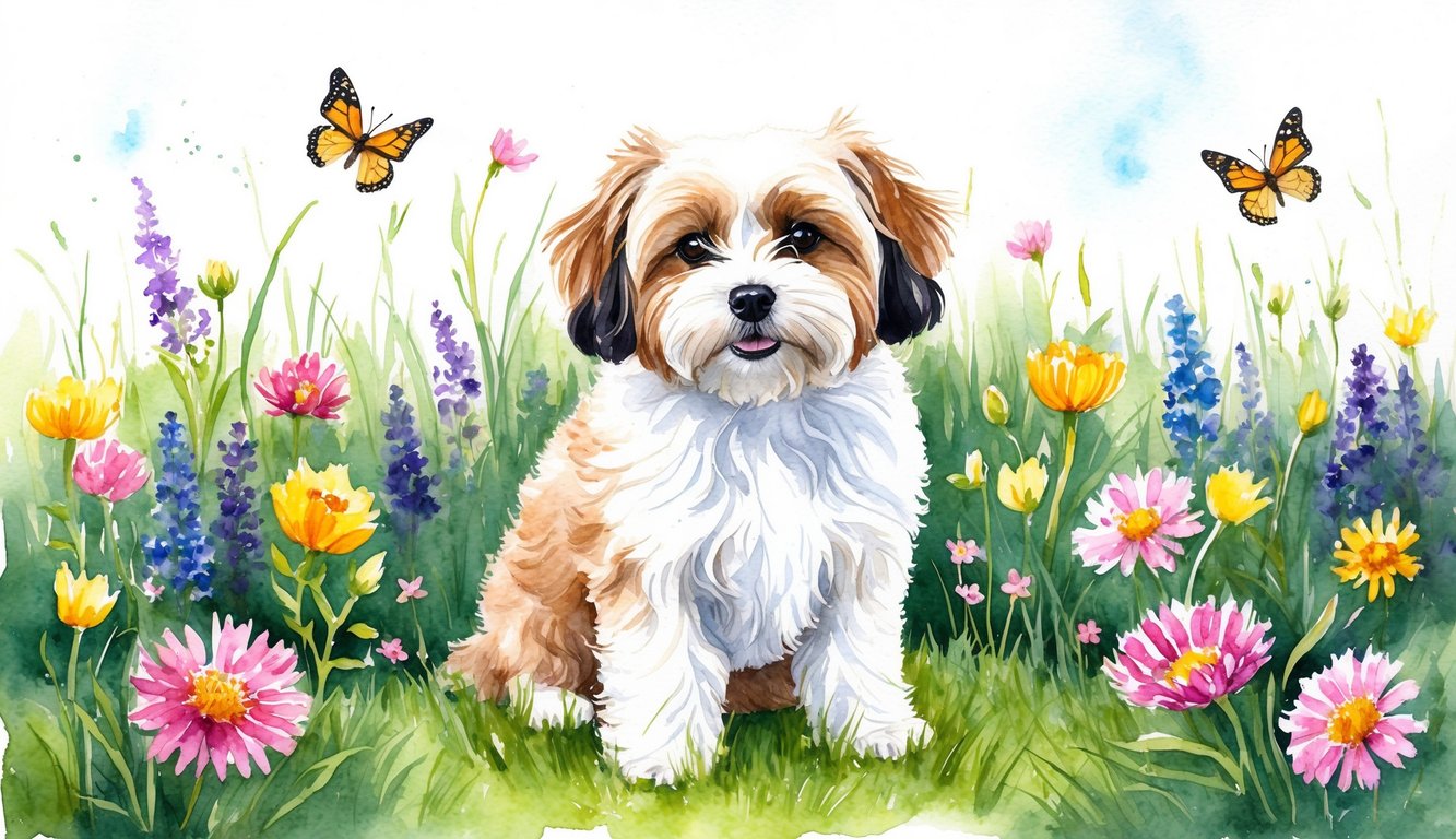 A fluffy Maltipoo sits on a grassy meadow, surrounded by colorful flowers and butterflies fluttering around