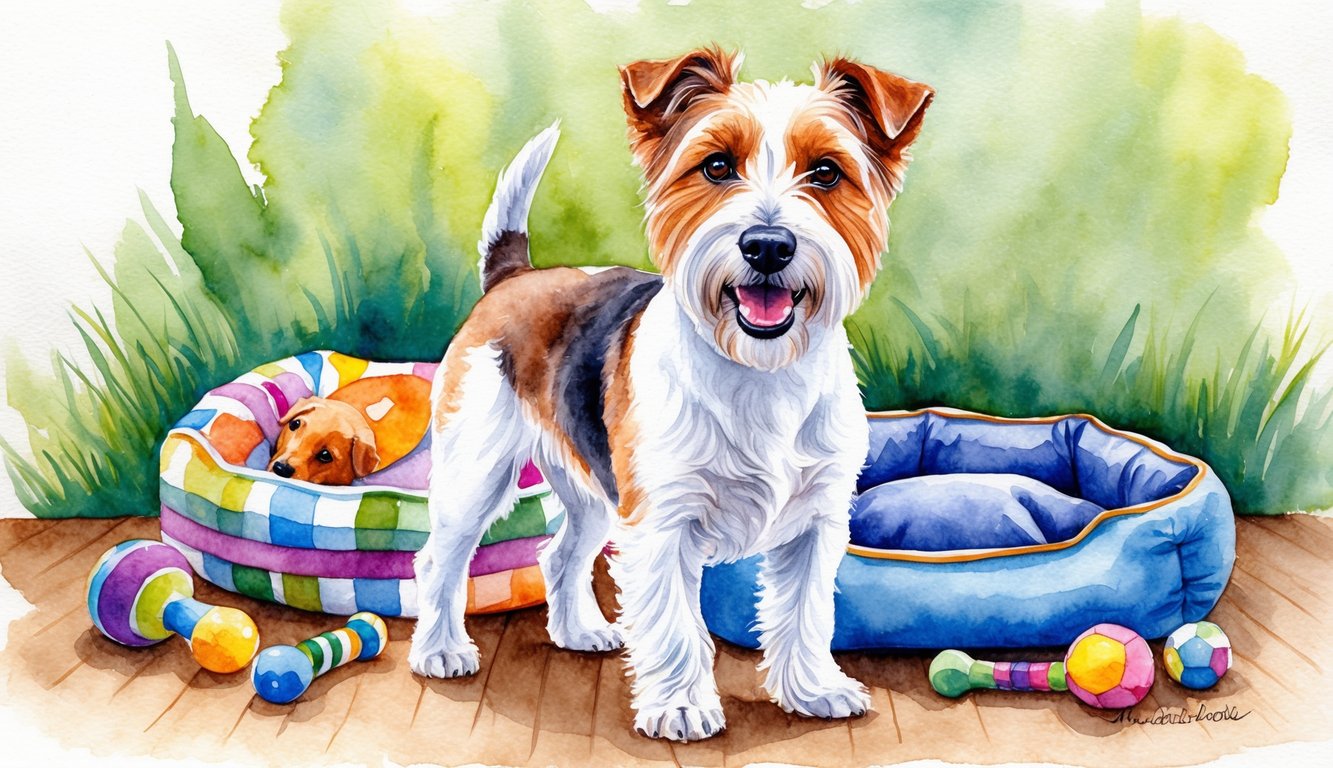 A Manchester Terrier standing proudly with a playful expression, surrounded by a collection of toys and a cozy dog bed