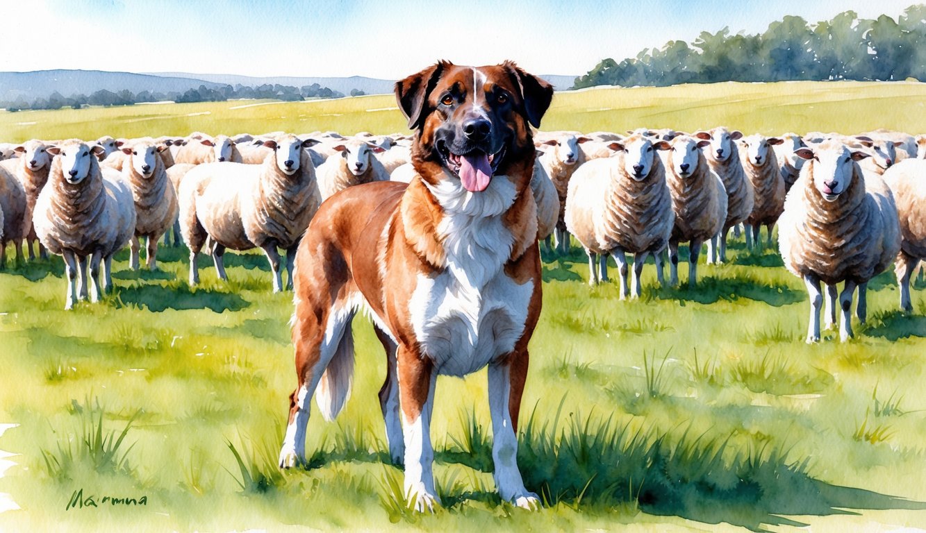 A Maremma sheepdog standing proudly in a grassy field, with a flock of sheep in the background