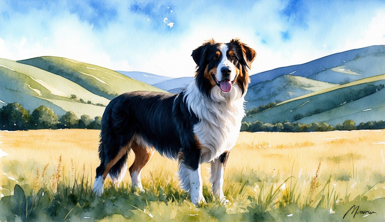 A majestic Maremma Sheepdog stands proudly in a field, surrounded by rolling hills and a clear blue sky