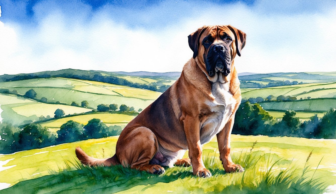 A majestic mastiff sits proudly on a grassy hill, surrounded by rolling countryside and a clear blue sky
