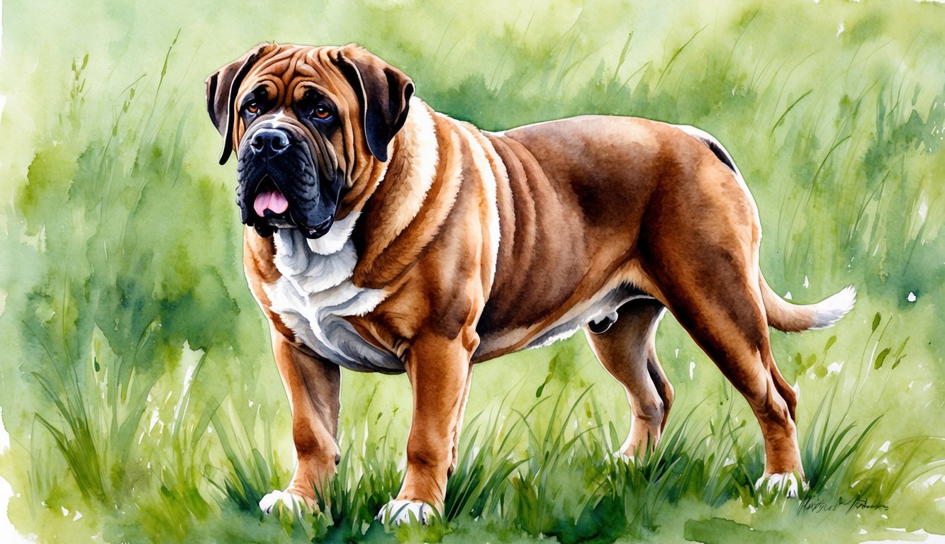 A majestic Mastiff standing proudly in a grassy field, with a regal expression and a thick, powerful build