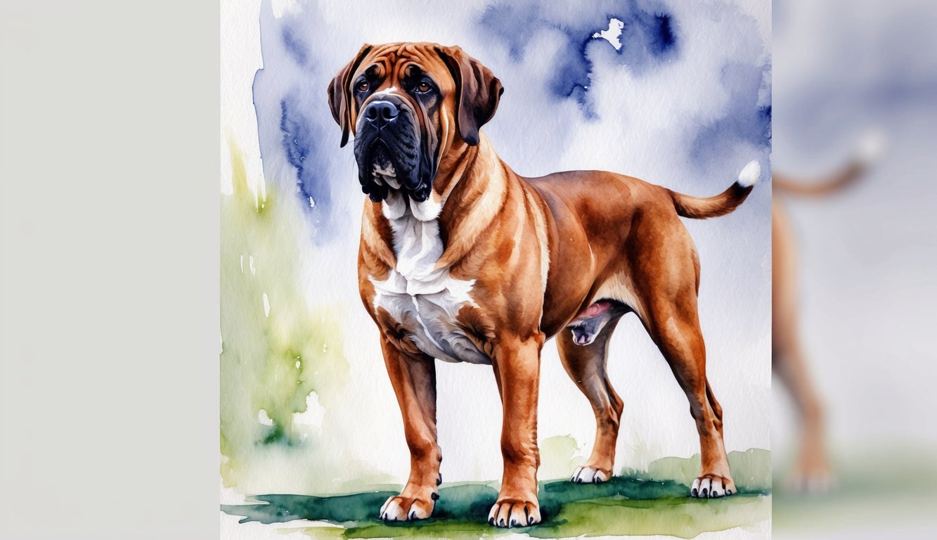 A large, regal mastiff stands proudly, a powerful and imposing figure. His deep chest and broad shoulders exude strength and confidence, while his intelligent eyes convey a sense of loyalty and devotion