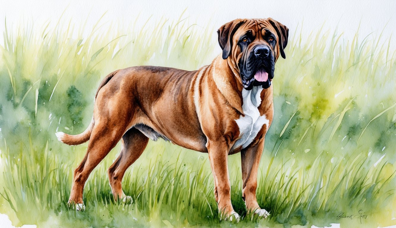 A majestic female Mastiff stands proudly in a grassy field, her powerful frame and gentle expression capturing the essence of her noble breed