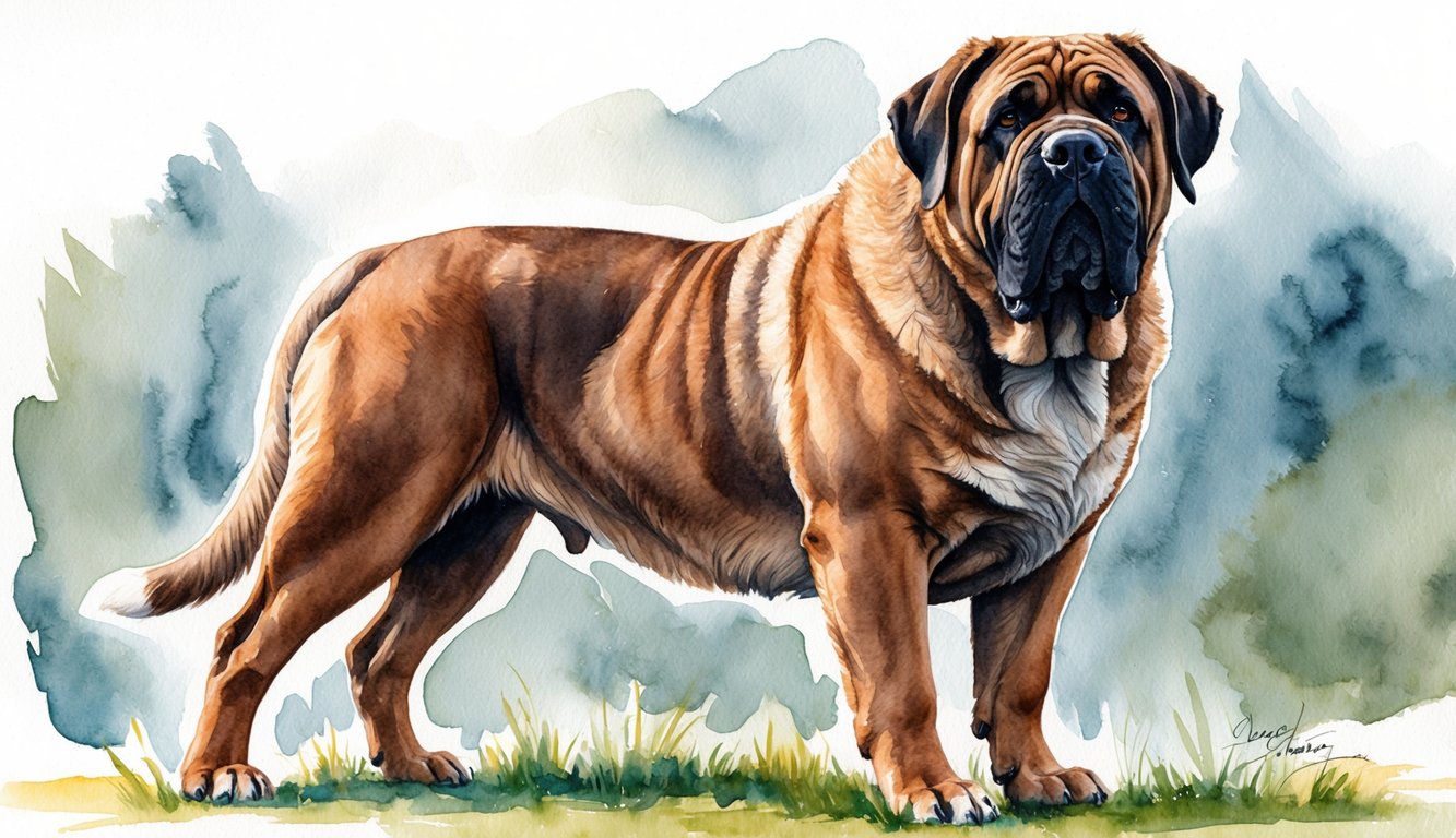 A large, powerful mastiff stands proudly with a regal expression, its thick fur and muscular build exuding strength and nobility