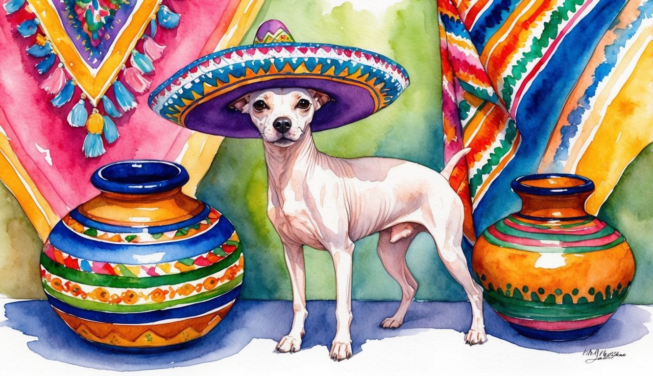 A Mexican Hairless dog standing proudly with a colorful sombrero on its head, surrounded by vibrant Mexican textiles and traditional pottery
