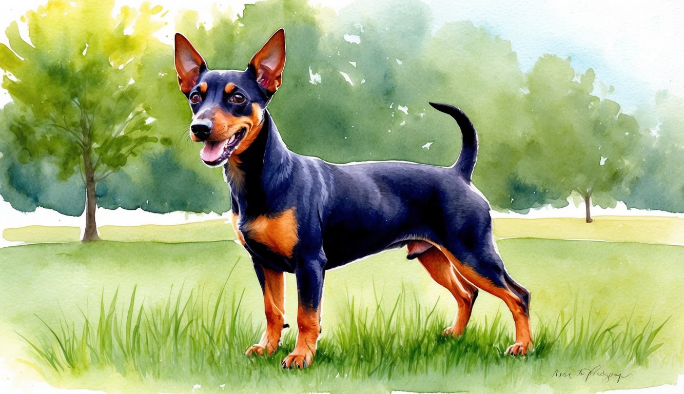A Miniature Pinscher stands proudly with a playful expression, tail wagging, in a grassy park setting