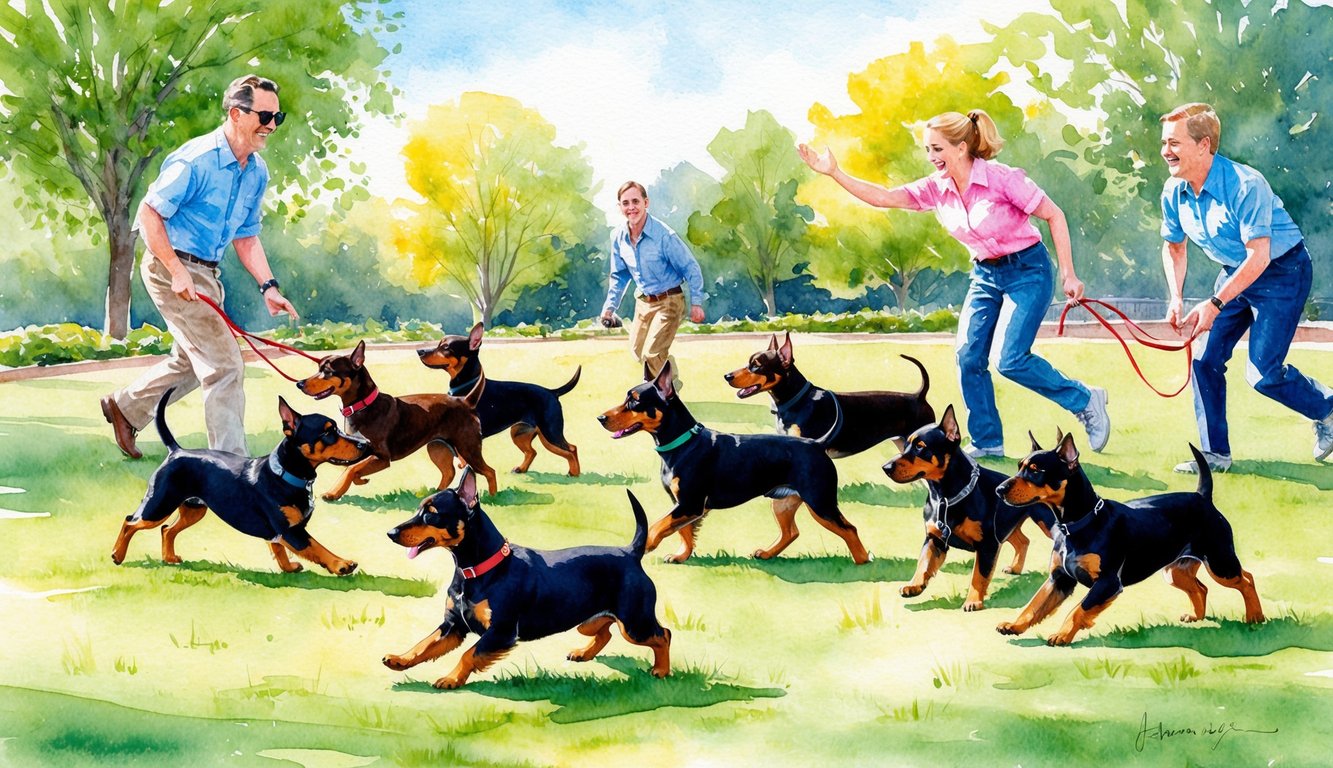 A group of Miniature Pinschers playing in a sunny park, with their owners calling out various names