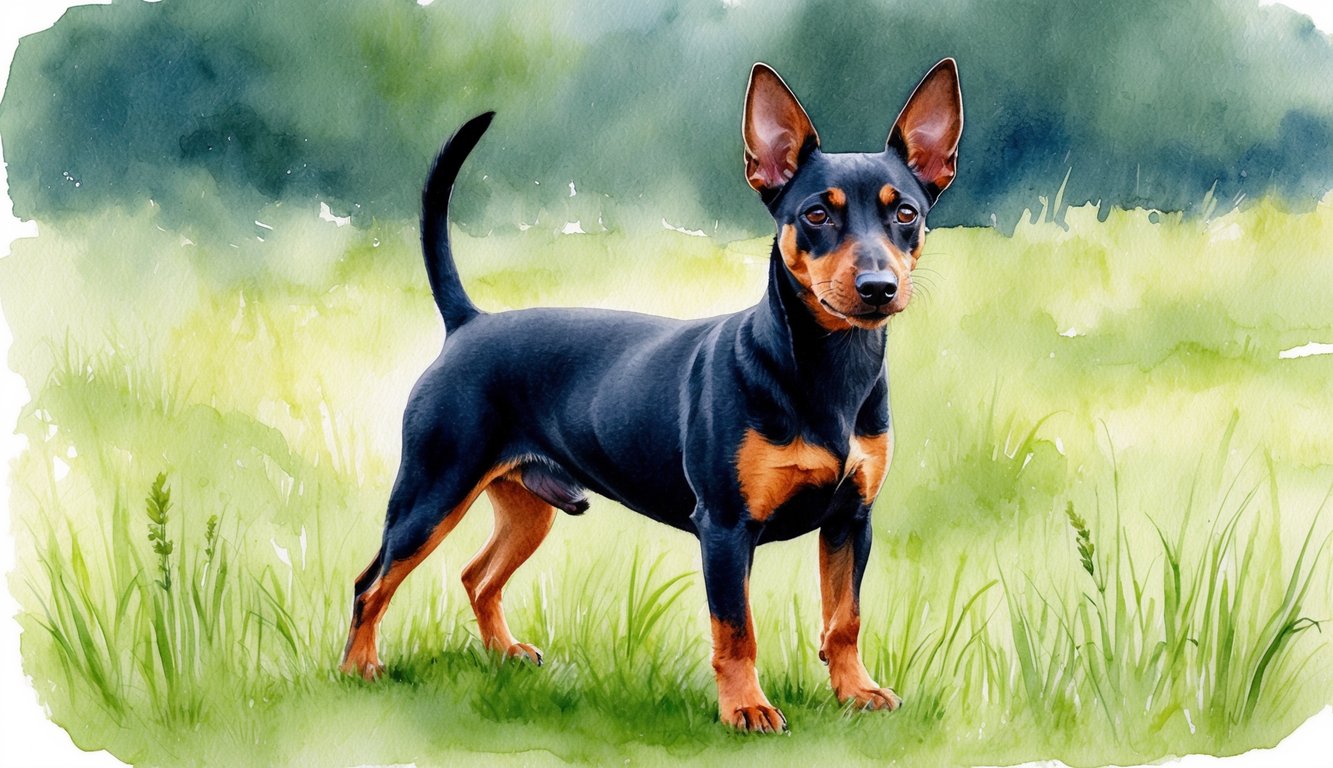 A miniature pinscher stands proudly in a grassy field, ears alert and tail raised, exuding confidence and energy