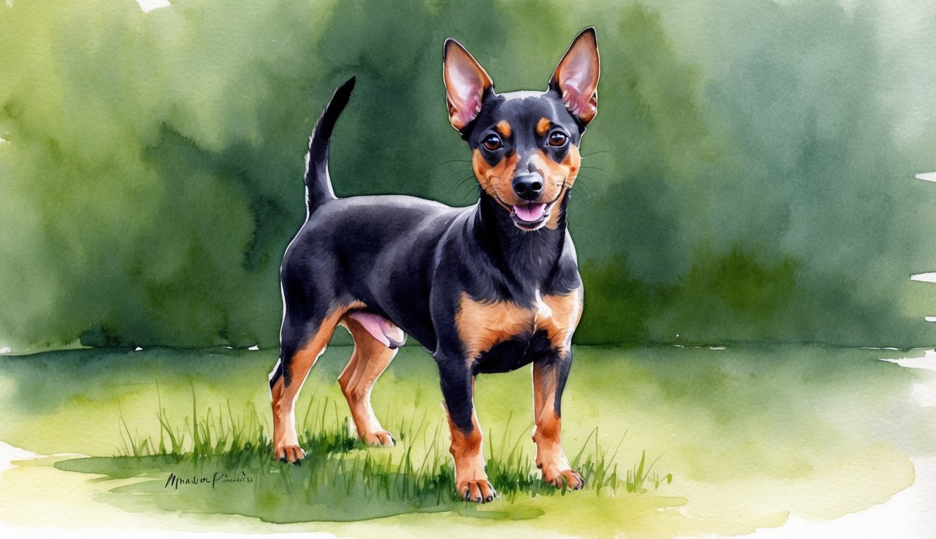 A female Miniature Pinscher stands proudly with a playful expression, her ears perked up and her tail wagging