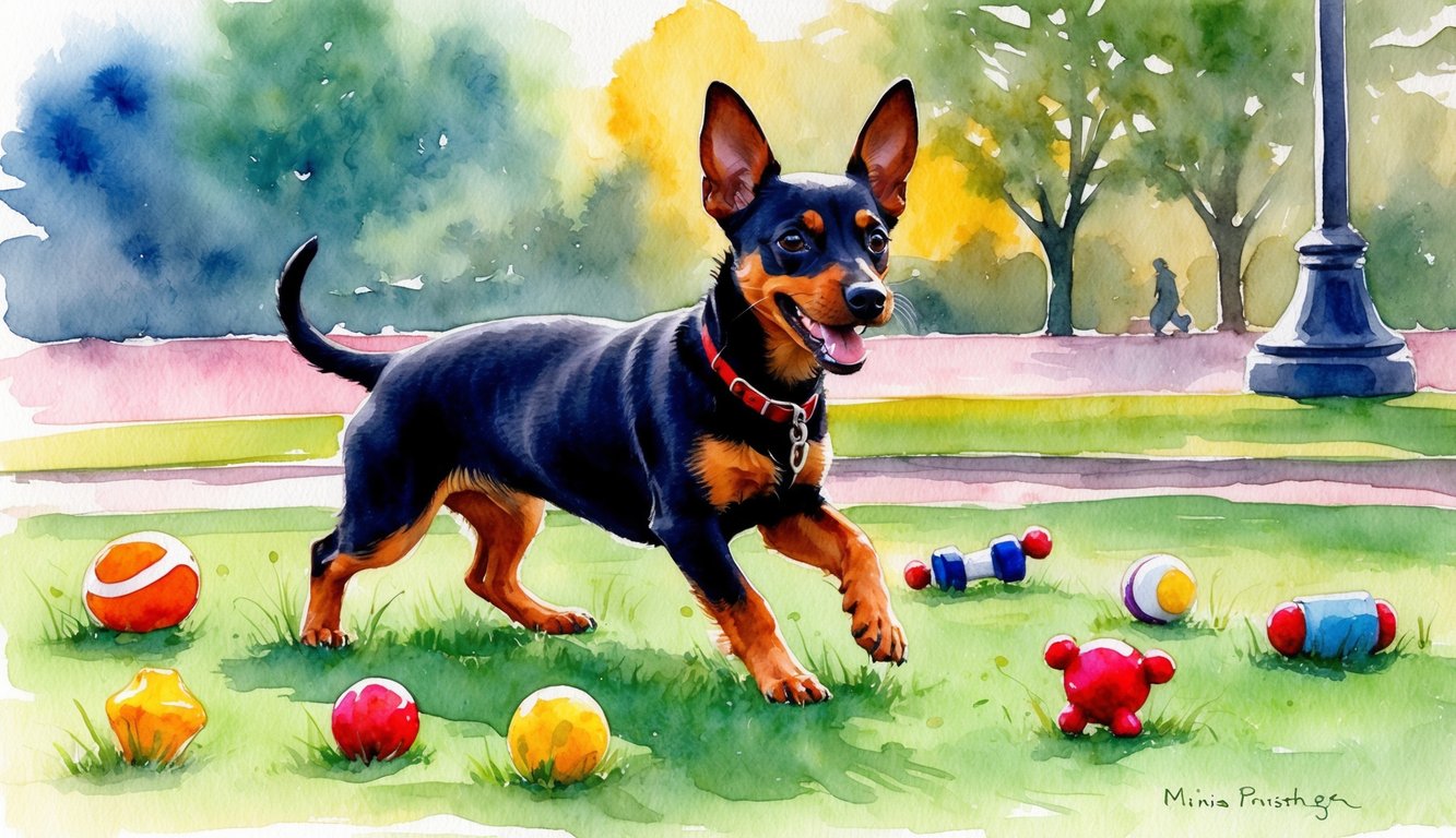 A lively Miniature Pinscher playing in a park with a variety of toys scattered around