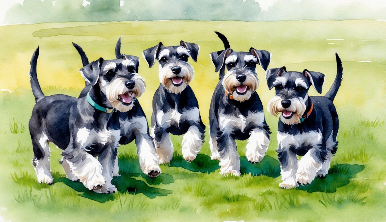 A group of Miniature Schnauzers playfully interact in a grassy park, their tails wagging and ears perked up with excitement
