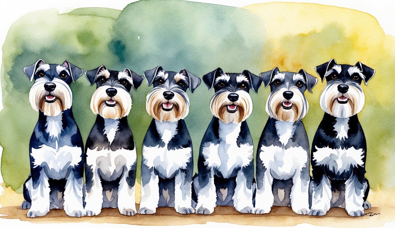 A group of Miniature Schnauzers standing in a row, each looking up eagerly as if responding to their names being called