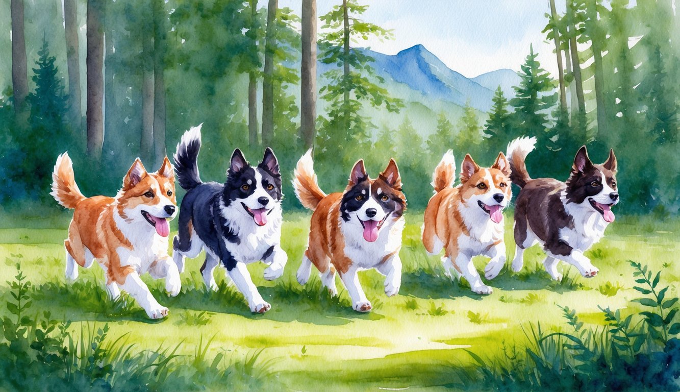 A group of Mountain Curs playfully chasing each other through a lush forest clearing, their tails wagging and tongues lolling with excitement