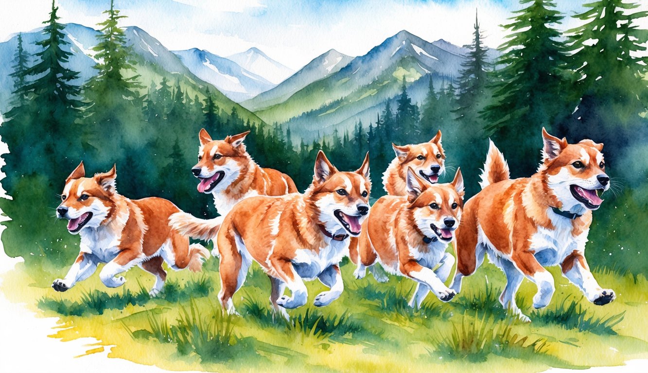 A group of energetic Mountain Curs playfully chasing each other through a lush, forested mountain landscape