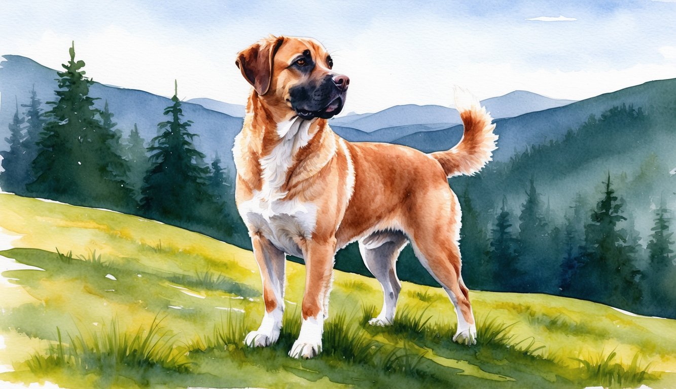 A male Mountain Cur dog stands proudly on a grassy hill, gazing off into the distance with a strong and confident stance