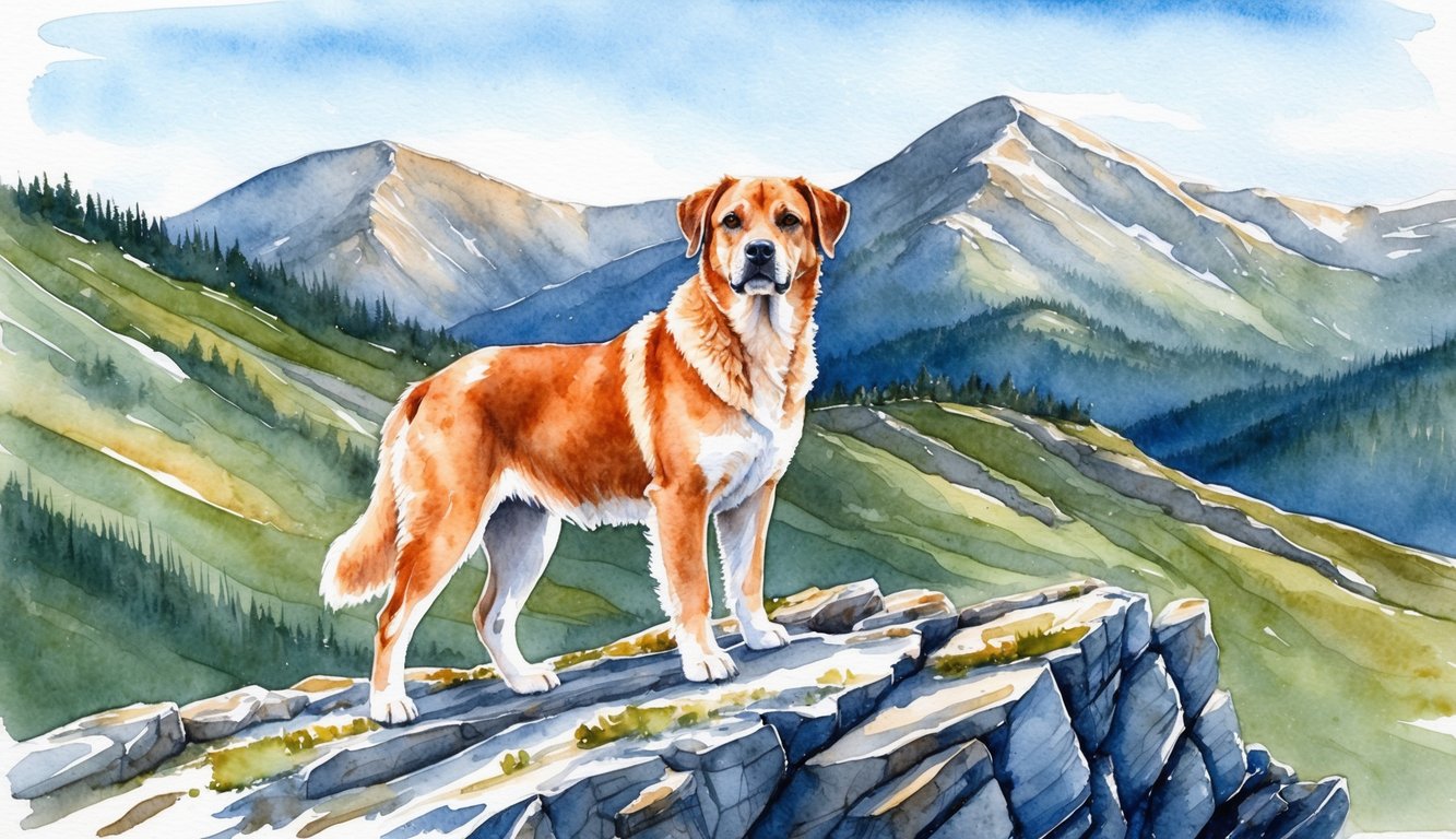 A female Mountain Cur stands proudly on a rugged mountain ridge, with a backdrop of rolling hills and a clear blue sky