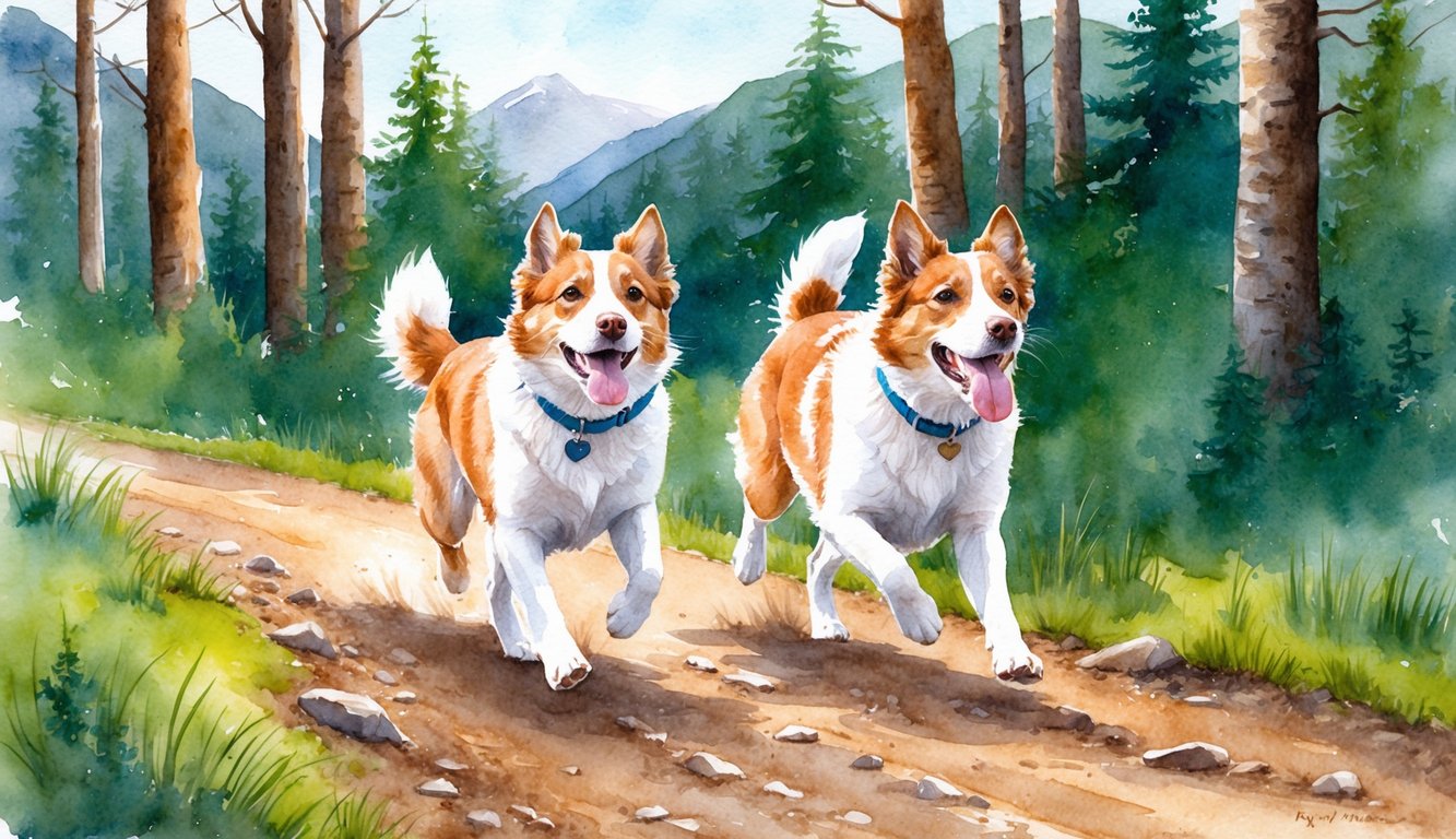 Two Mountain Curs playfully chasing each other through a wooded mountain trail, their tails wagging and tongues lolling as they enjoy the freedom of the great outdoors