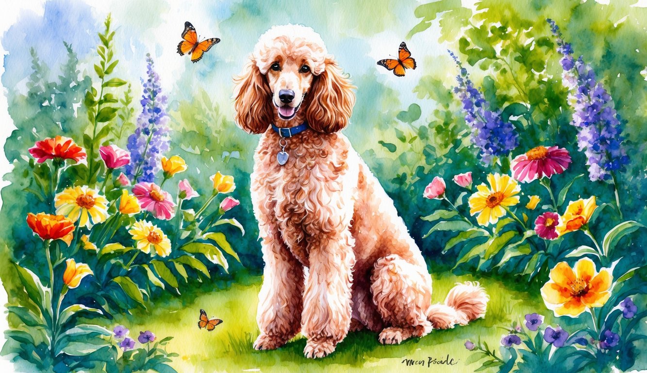 A moyen poodle sitting in a lush garden, surrounded by colorful flowers and butterflies