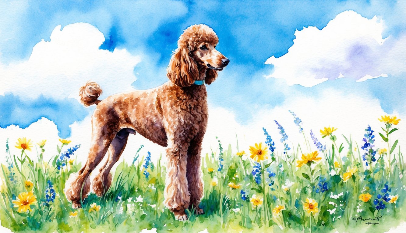 A Moyen Poodle standing in a field of wildflowers, with a bright blue sky and fluffy white clouds in the background