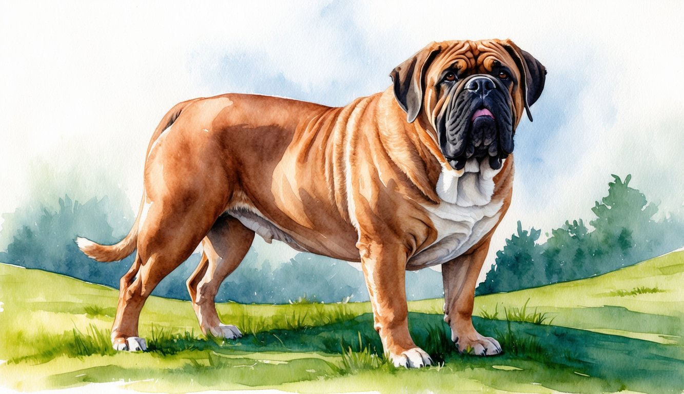 A Neapolitan Mastiff standing proudly on a grassy hill, with a regal expression and a thick, wrinkled face. The dog's massive frame exudes strength and power