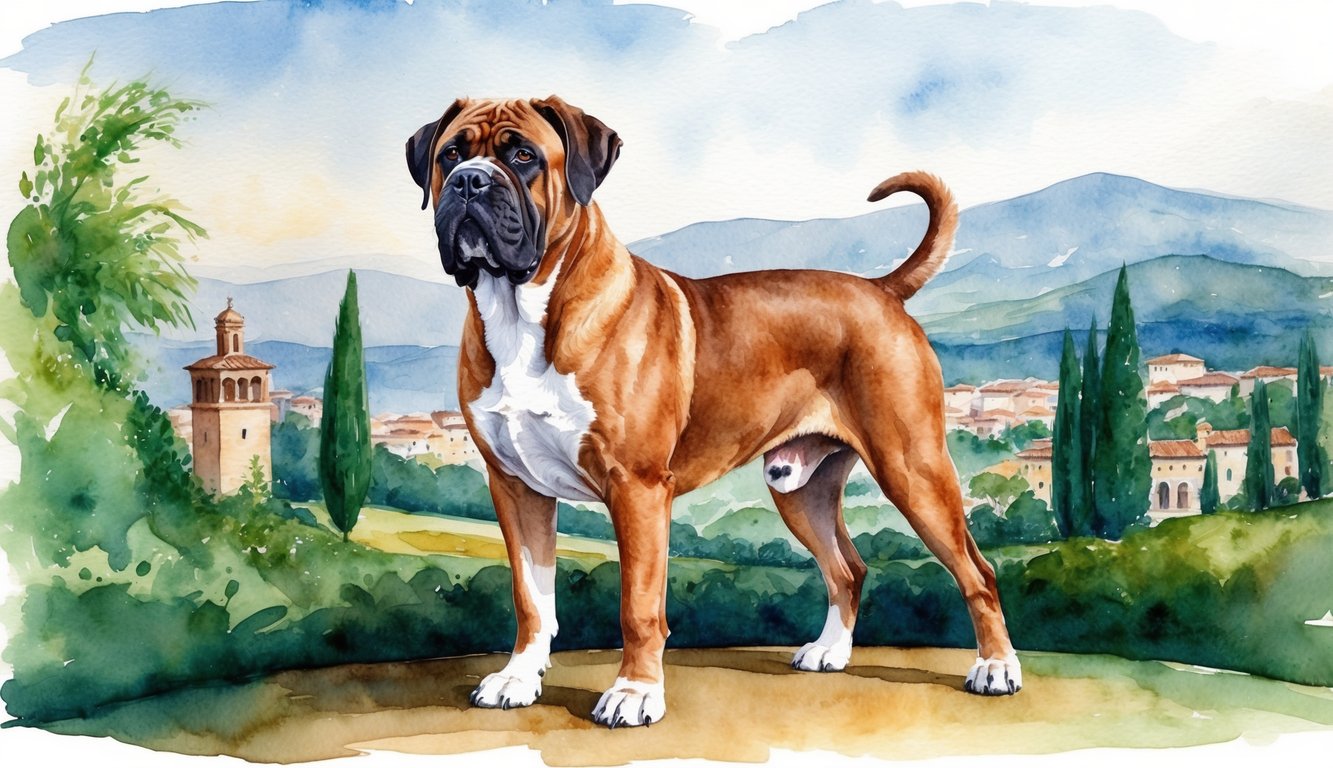 A Neapolitan Mastiff standing proudly with a regal expression, surrounded by a lush and grandiose Italian landscape