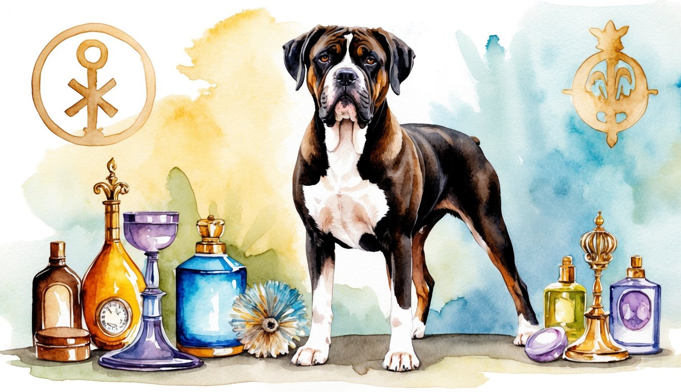 A Neapolitan Mastiff standing proudly with a regal expression, surrounded by a mix of male and female objects and symbols