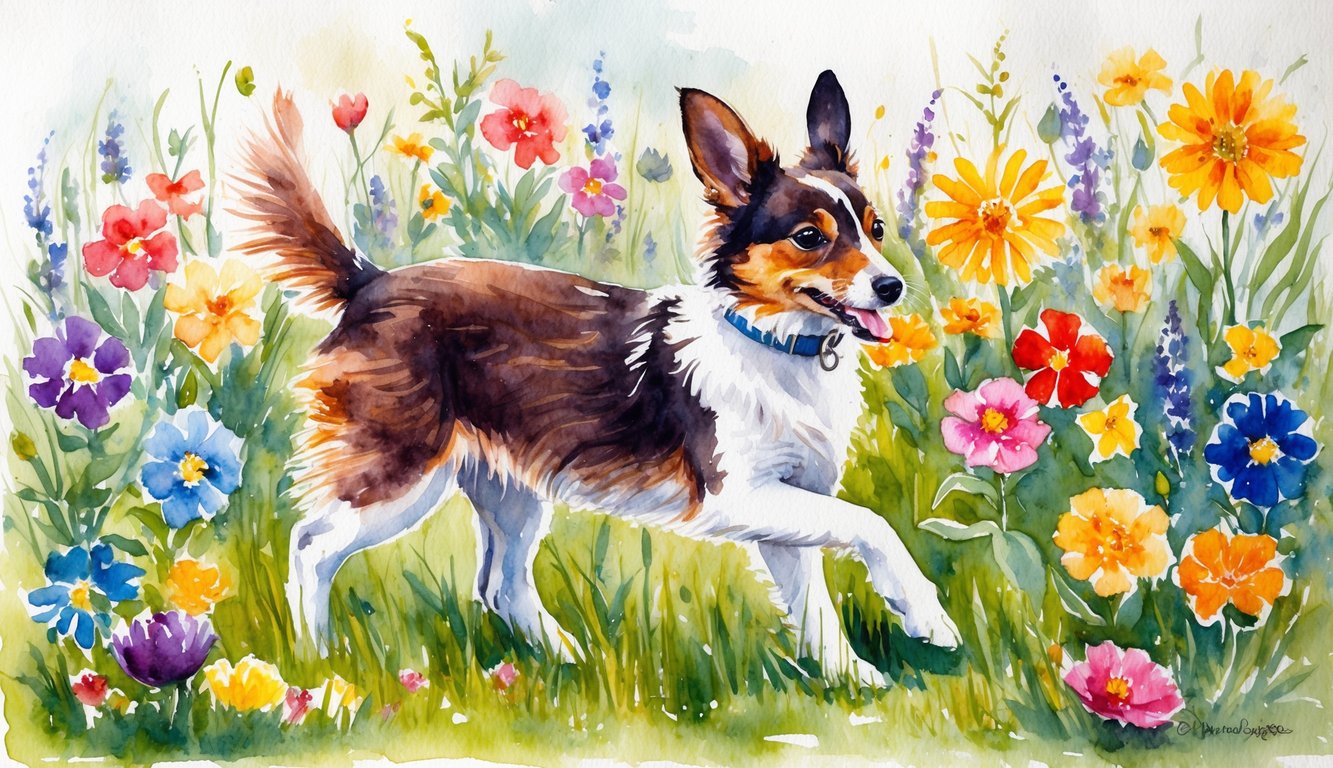 A Nederlandse Kooikerhondje playing in a field of colorful flowers