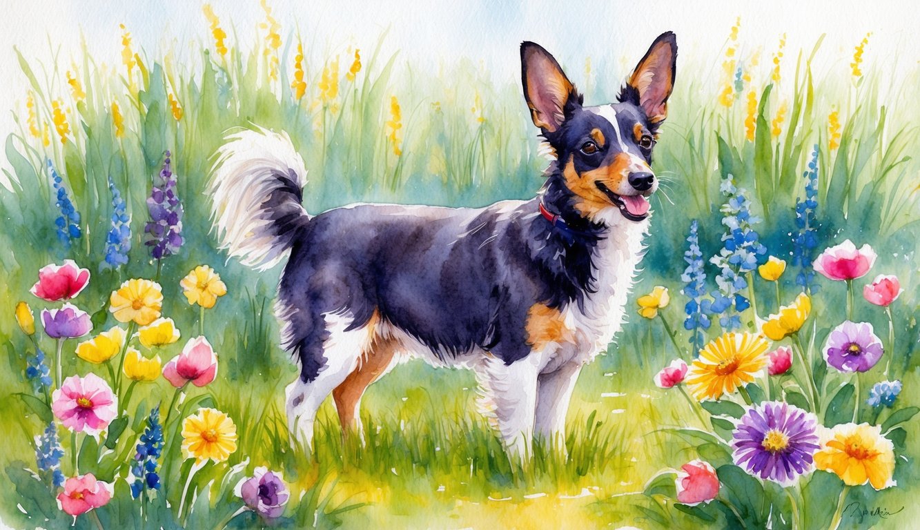 A Nederlandse Kooikerhondje stands in a field of colorful flowers, with its ears perked up and a playful expression on its face