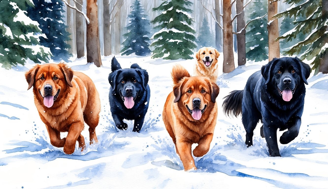A group of playful Newfoundland dogs romping through a snow-covered forest