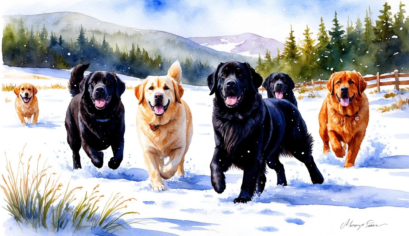 A group of lively Newfoundland dogs playing in a scenic, snowy landscape