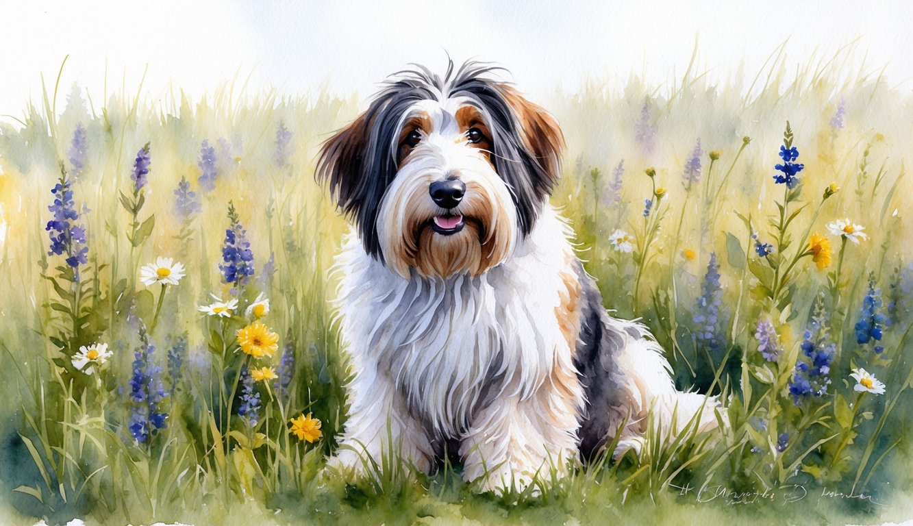 An Old English Sheepdog sitting among a field of wildflowers, with a gentle breeze ruffling its long, shaggy fur