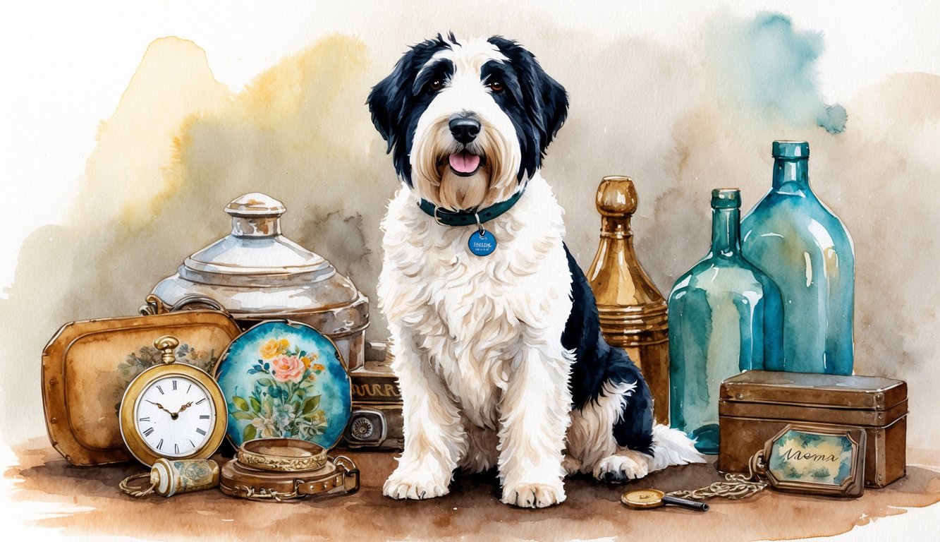 An Old English Sheepdog sitting proudly with a name tag on its collar, surrounded by a collection of vintage and rustic items