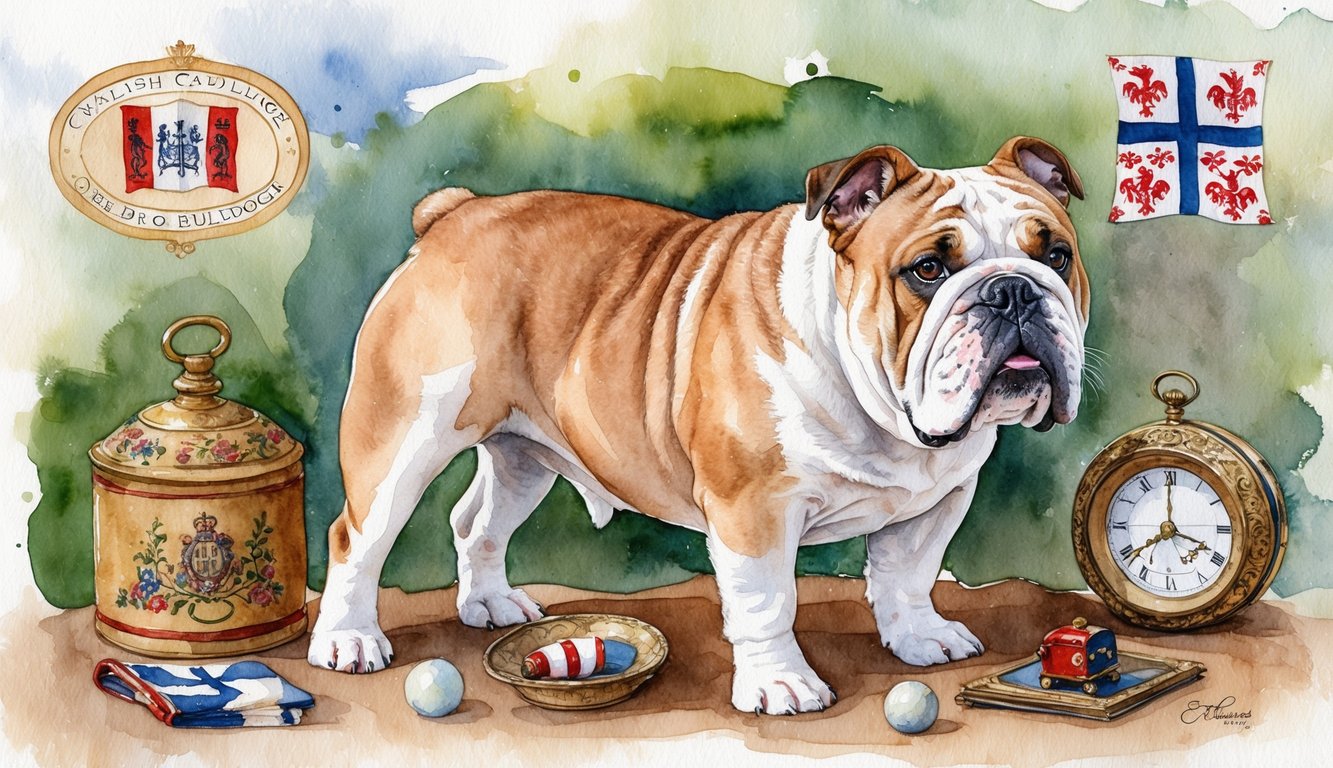An Olde English Bulldogge surrounded by vintage items and traditional English symbols