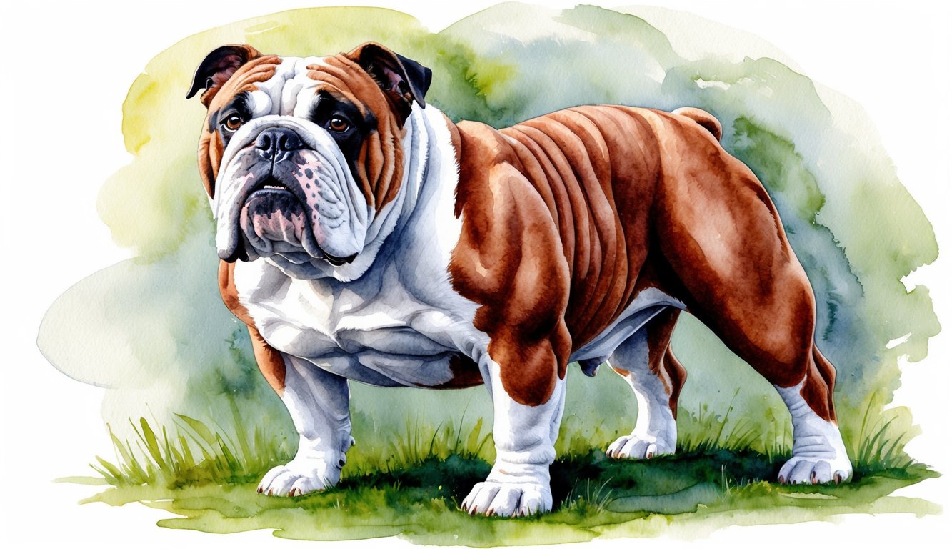 A muscular Olde English Bulldogge stands proudly, with a sturdy build and a confident expression