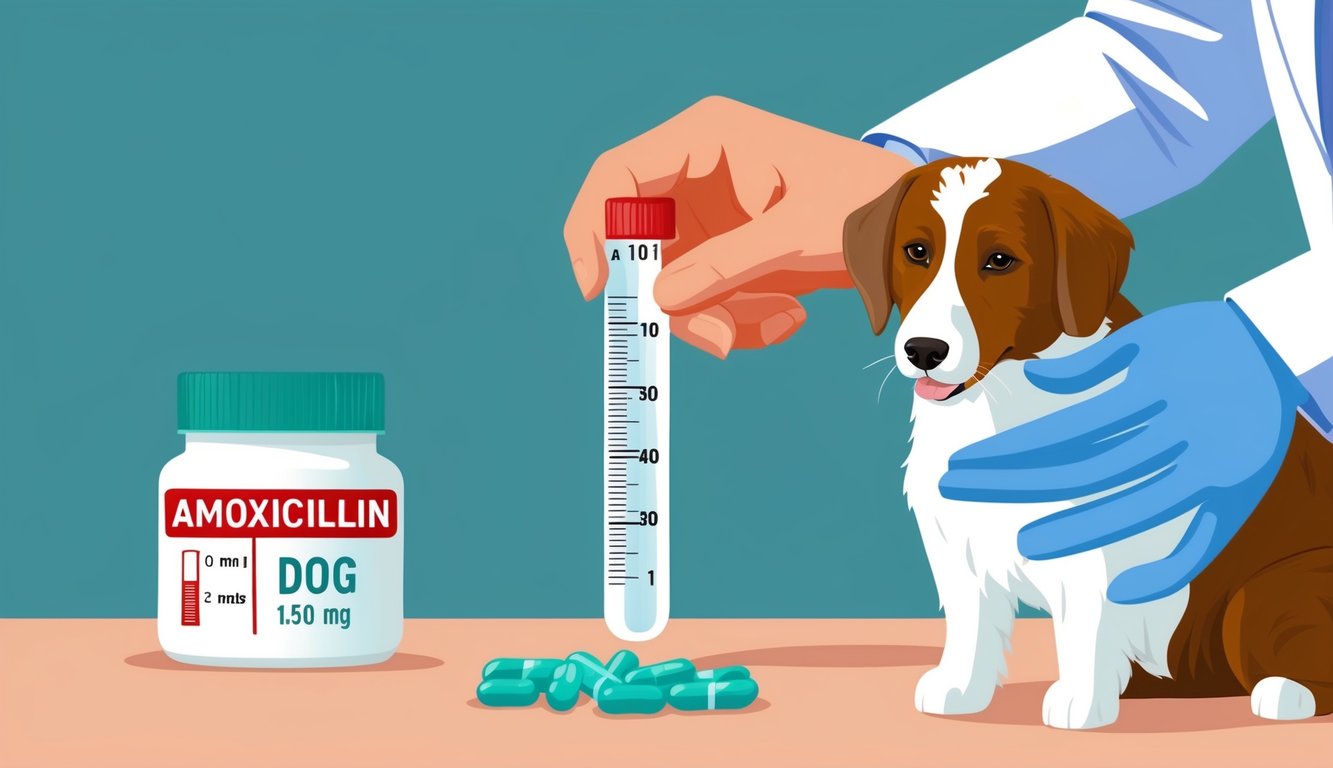 A veterinarian measuring out amoxicillin for a dog using a dosage chart