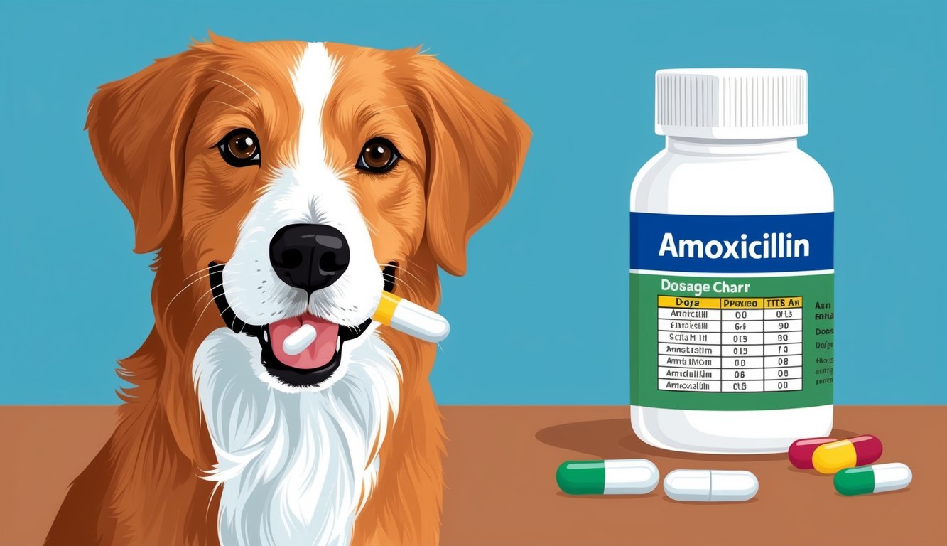 A dog with a pill in its mouth, a dosage chart, and a bottle of amoxicillin in the background
