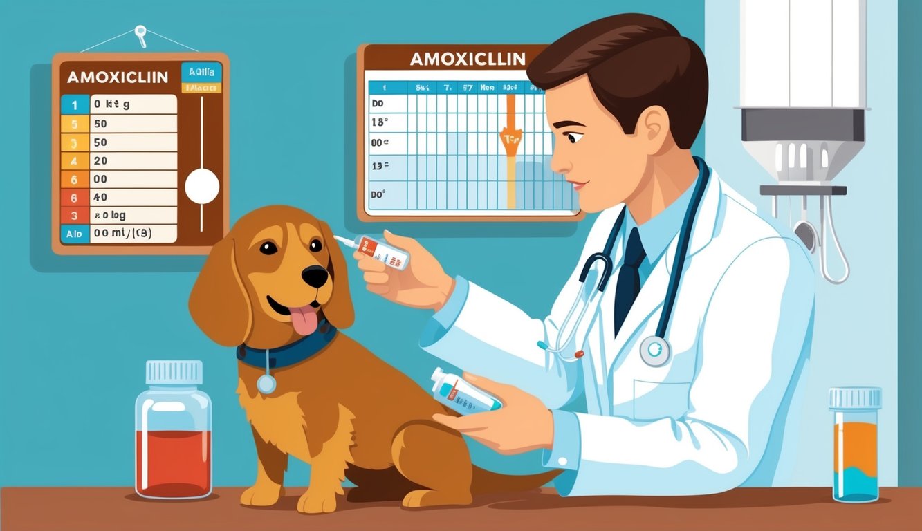 A veterinarian administering amoxicillin to a dog, using a dosage chart as a reference