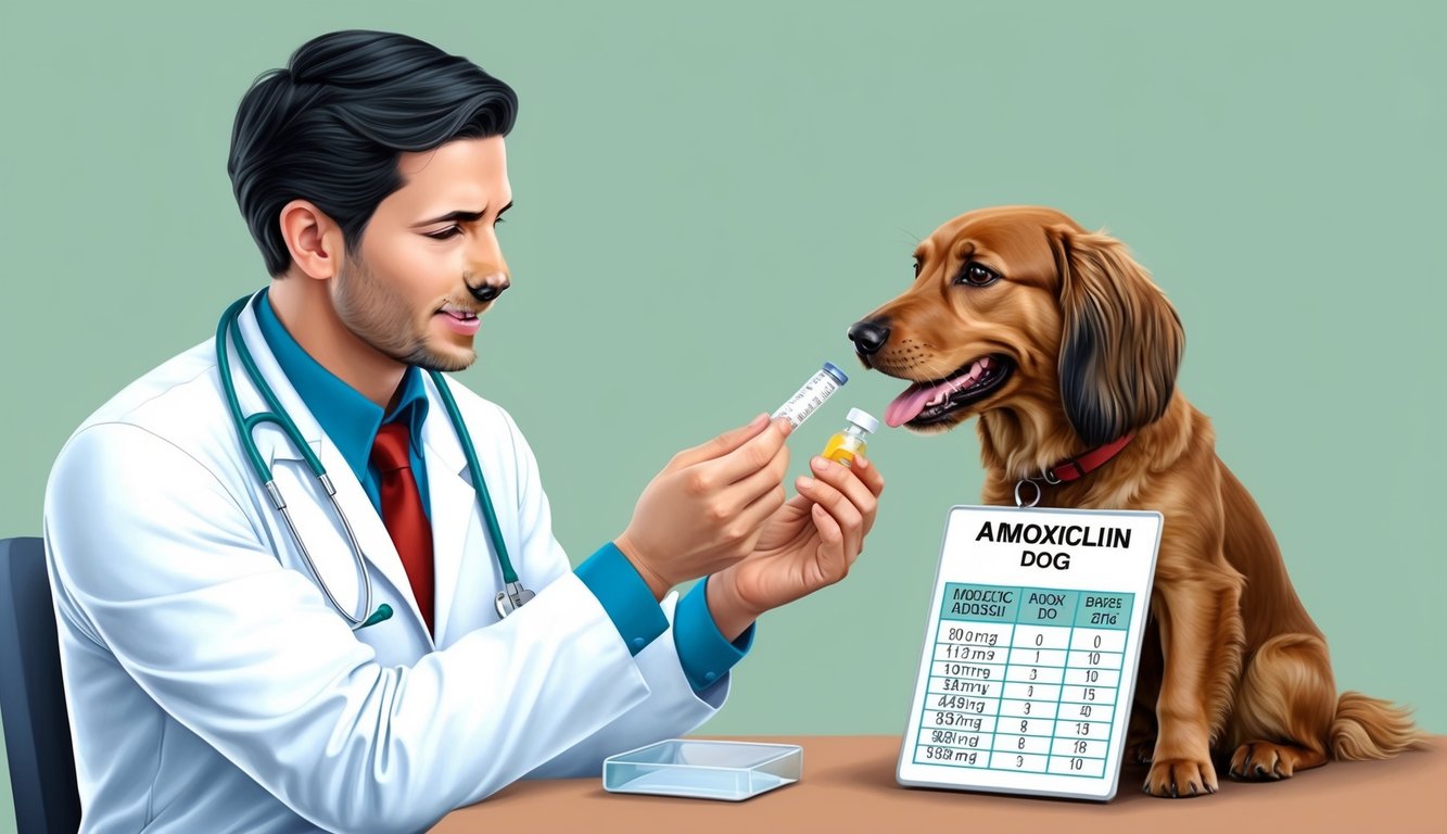 A veterinarian measuring and administering Amoxicillin to a dog based on a dosage chart